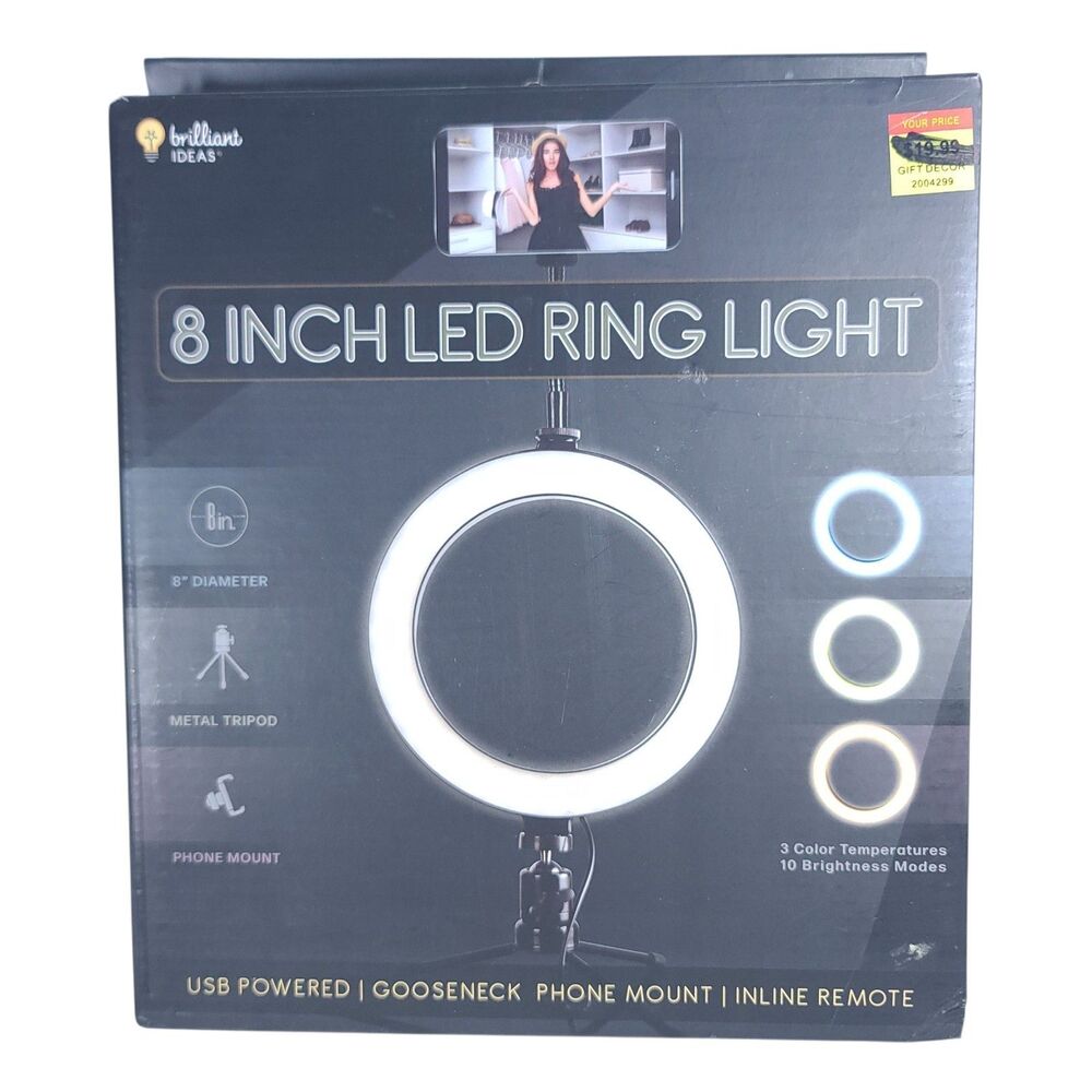 Brilliant Ideas 8 Inch LED Ring Light - USB Powered, Phone Mount, and Tripod EUC